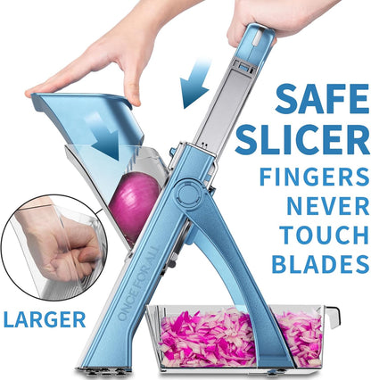 ONCE FOR ALL Safe Mandoline Slicer Plus, Bigger Size, Potato Slicer, Black | 0.1-8mm Adjustable Vegetable Food Chopper, Kitchen Mandoline Slicer Stainless Steel, Detachable Blade, Dishwasher-safe, Gift