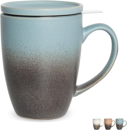 Bosmarlin Ceramic Tea Cup with Infuser and Lid, 13.5 Oz, Loose Leaf Tea Steeper Mug with Strainer, Microwave and Dishwasher Safe, Reactive Glaze (13.5 Oz, Pale Green)