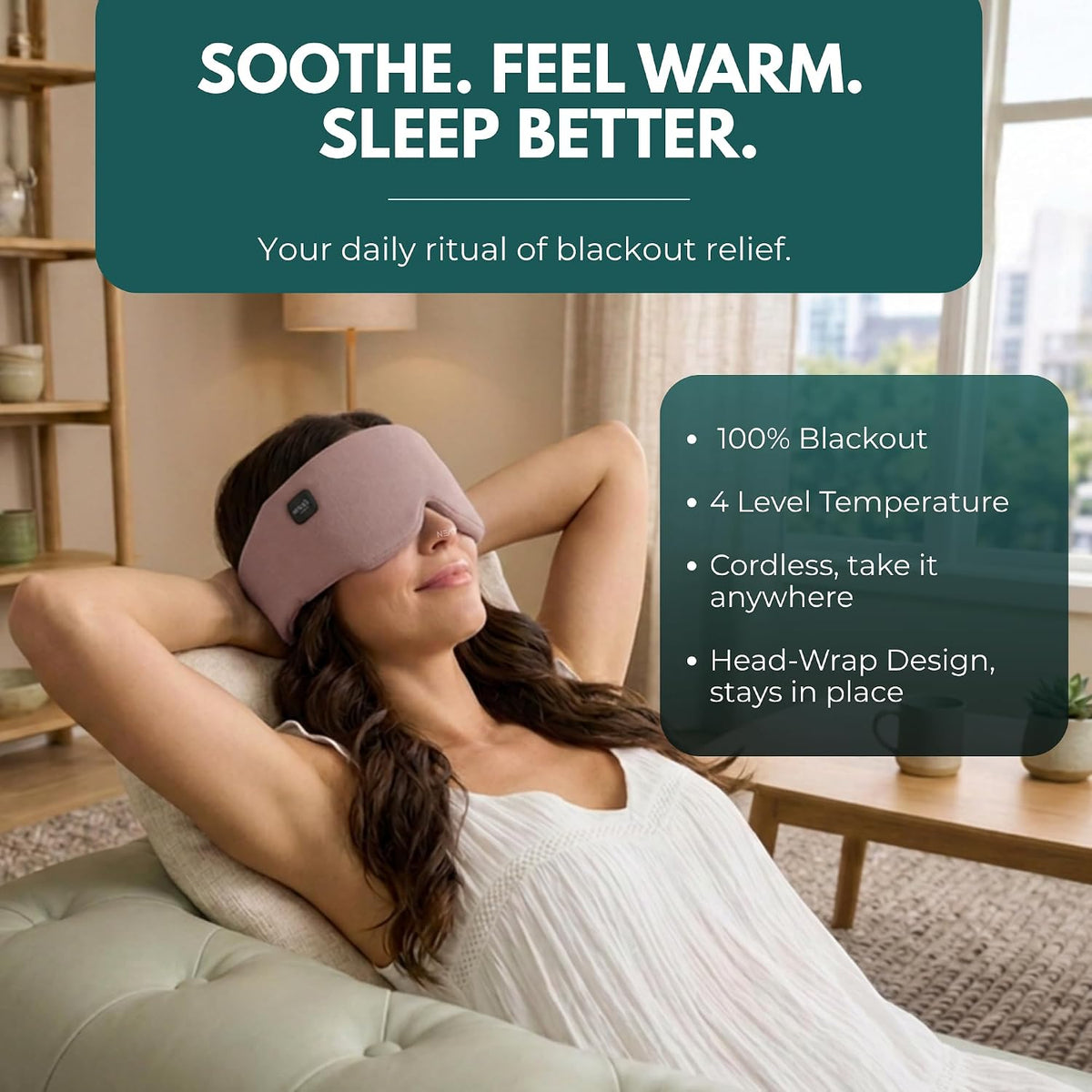 Heated Eye Mask – Cordless Electric Warm Eye Compress for Dry Eyes, Stye & Eye Strain Relief – 4 Heat Settings, Rechargeable, Light-Blocking, Blackout, Washable Cover (Ocean Stone)