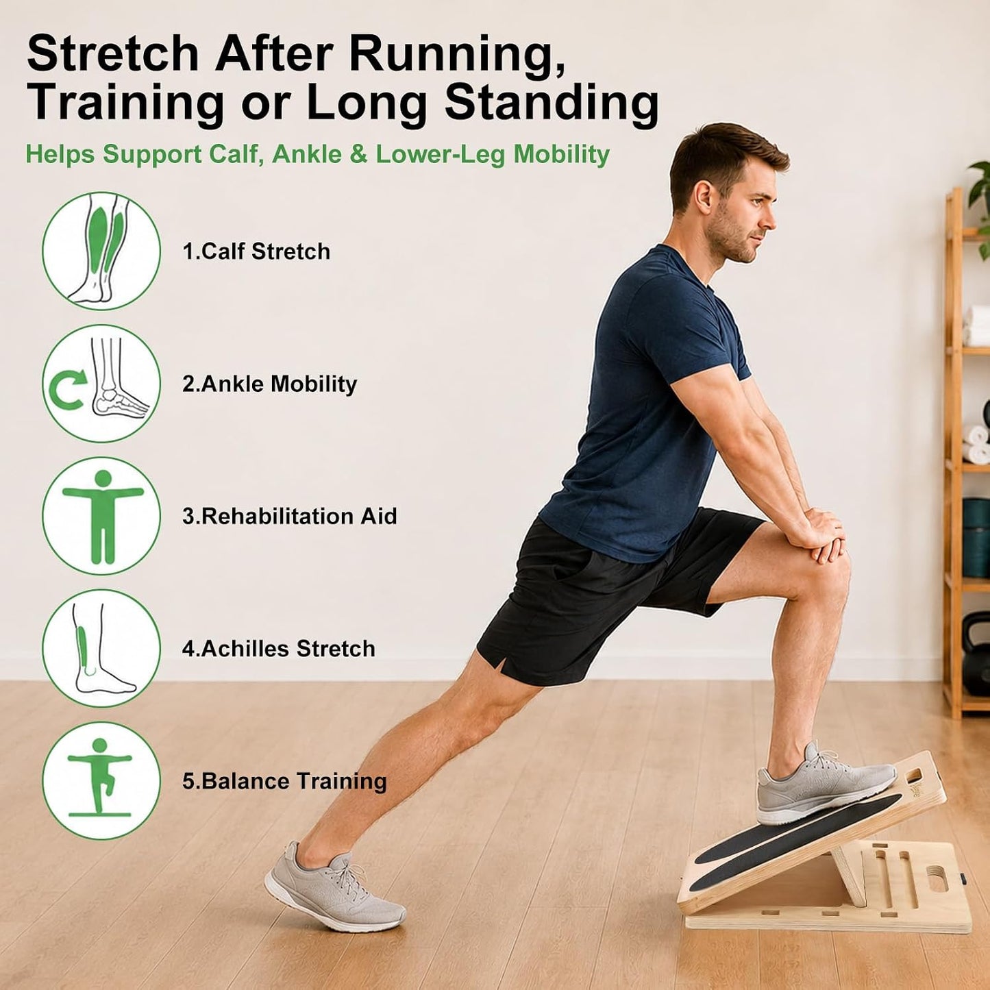 2-in-1 Wooden Slant Board for Calf Stretching & Balance Board | 5-level adjustable calf stretch board for Achilles stretch, ankle mobility, physical therapy, and stability training
