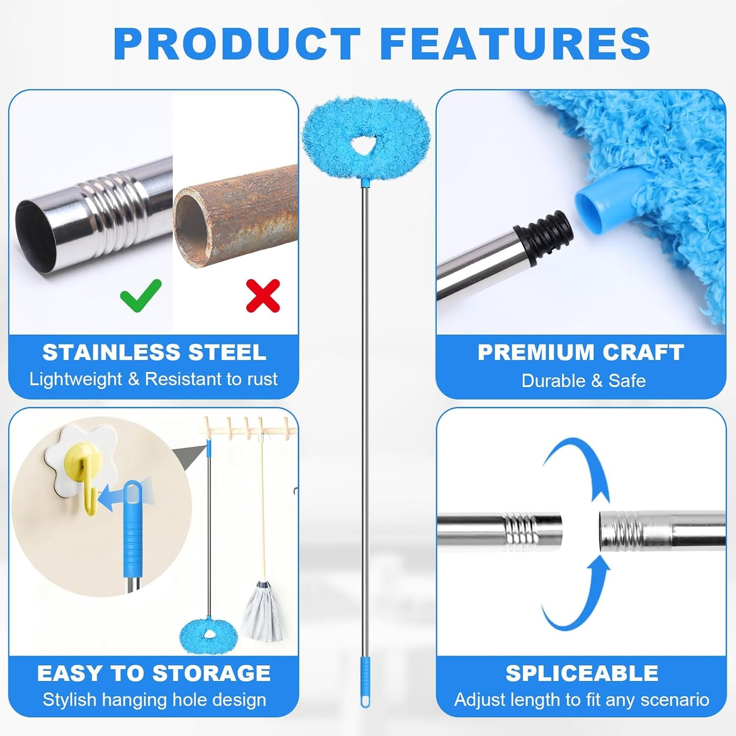 Storystore Ceiling Fan Cleaner Duster, Adjustable Microfiber Duster | 4.2FT Fan Cleaner with 13-50" Pole for Cleaning Fan Blades, Cobwebs, Walls, Doors and Windows, Brush for Dust Removal