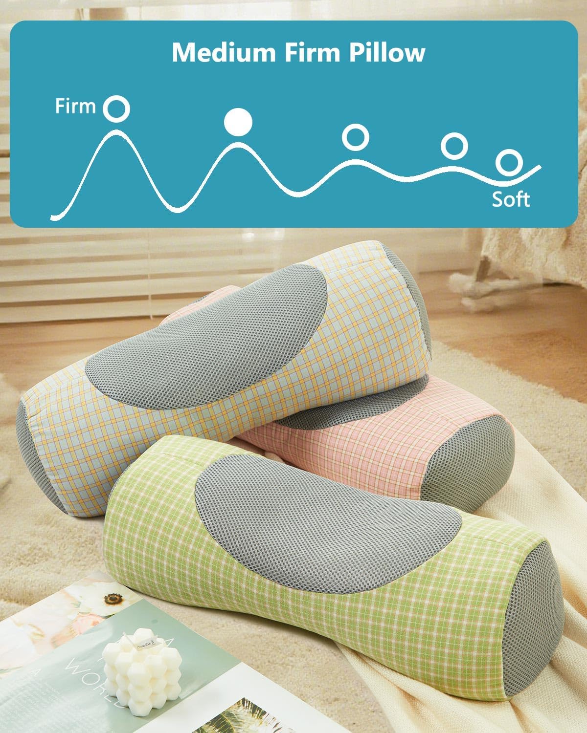 Buckwheat Cervical Neck Roll Pillow,17.7"x5.9" Firm Support Neck Bolster with Washable Cover, Adjustable Hard Cylinder Round Pillow with Buckwheat Hulls, for Office Lunch Breaks Sleeping,Pink