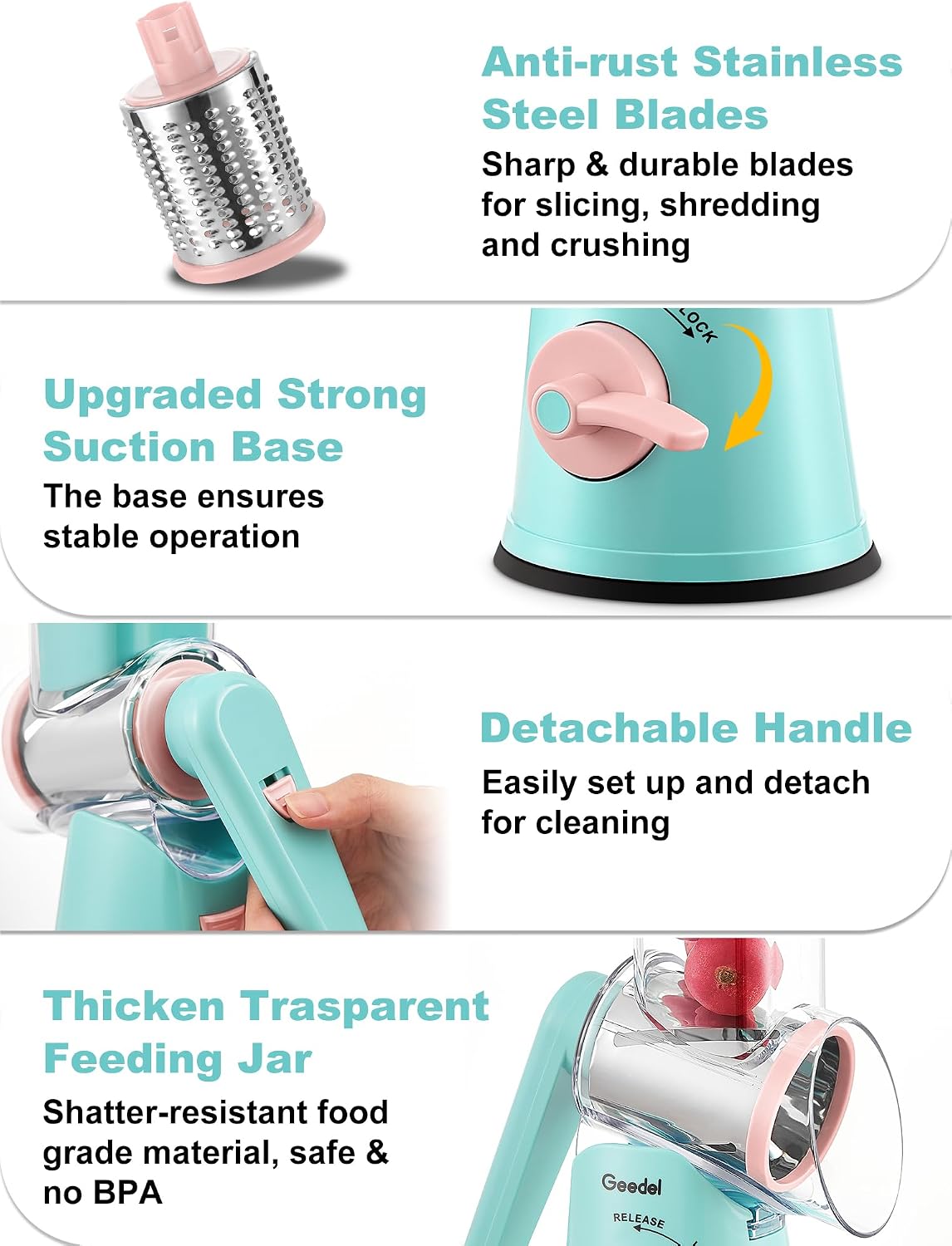Geedel Rotary Cheese Grater, Kitchen Mandoline Vegetable Slicer with 3 Interchangeable Blades, Easy to Clean Rotary Grater Slicer for Fruit, Vegetables, Nuts | 3 Blades, 430 Stainless Steel, 12x Fast Cutting, Strong Suction Base, No BPA, Dishwasher Safe,