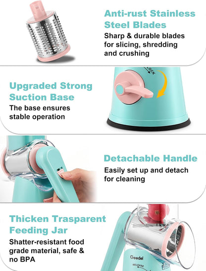 Geedel Rotary Cheese Grater, Kitchen Mandoline Vegetable Slicer with 3 Interchangeable Blades, Easy to Clean Rotary Grater Slicer for Fruit, Vegetables, Nuts | 3 Blades, 430 Stainless Steel, 12x Fast Cutting, Strong Suction Base, No BPA, Dishwasher Safe,