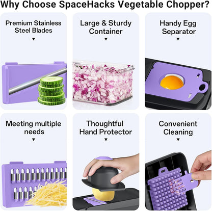 12-in-1 Vegetable Chopper with 7 Blades, Food Veggie Cutter, Green | Includes Egg Separator, Food Container and Finger Guard, Non-slip Base, for Chopping, Slicing, Shredding, and Mincing