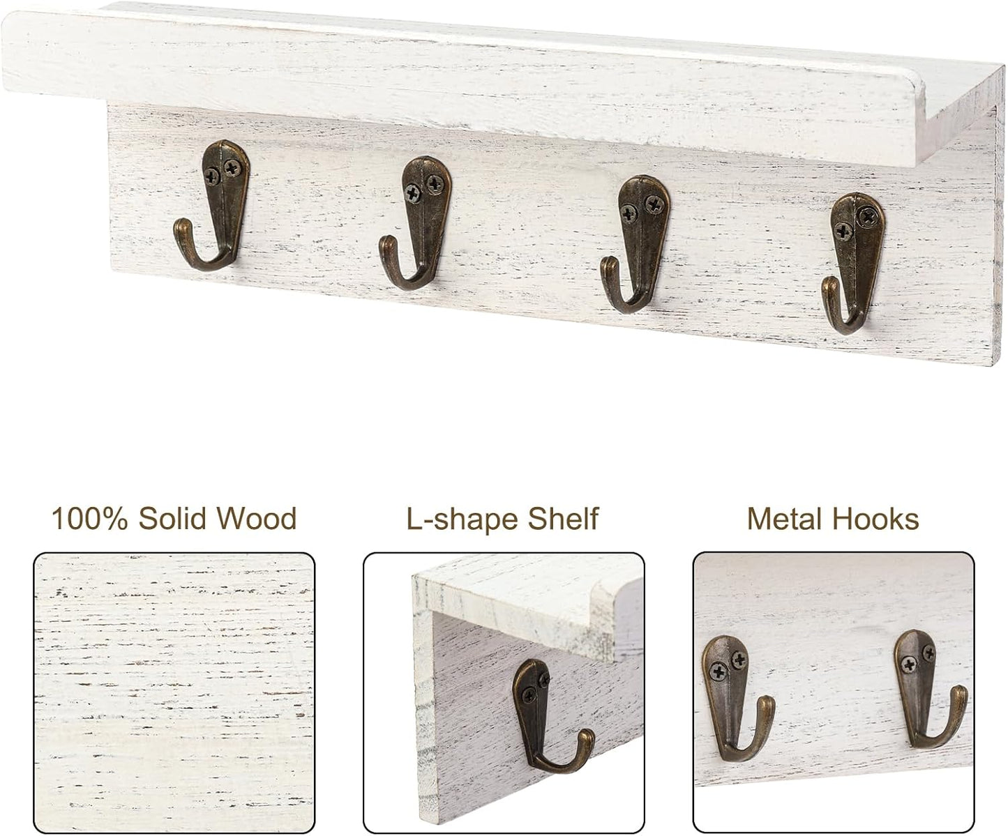 HRONRAD Rustic Key Holder for Wall, Farmhouse Wall Shelf with 4 Hooks, Wall Mounted Key Racks, Wooden Mail Organizer with Hooks for Entryway (Brown - Pine)