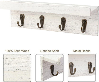 HRONRAD Rustic Key Holder for Wall, Farmhouse Wall Shelf with 4 Hooks, Wall Mounted Key Racks, Wooden Mail Organizer with Hooks for Entryway (Brown - Pine)