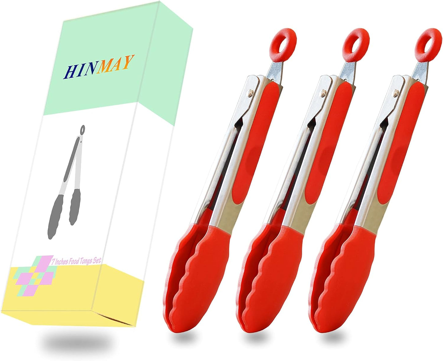 HINMAY Mini Tongs with Silicone Tips 7-Inch Serving Tongs, Set of 3 (Red Blue Green)