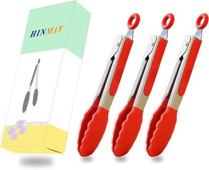 HINMAY Mini Tongs with Silicone Tips 7-Inch Serving Tongs, Set of 3 (Red Blue Green)