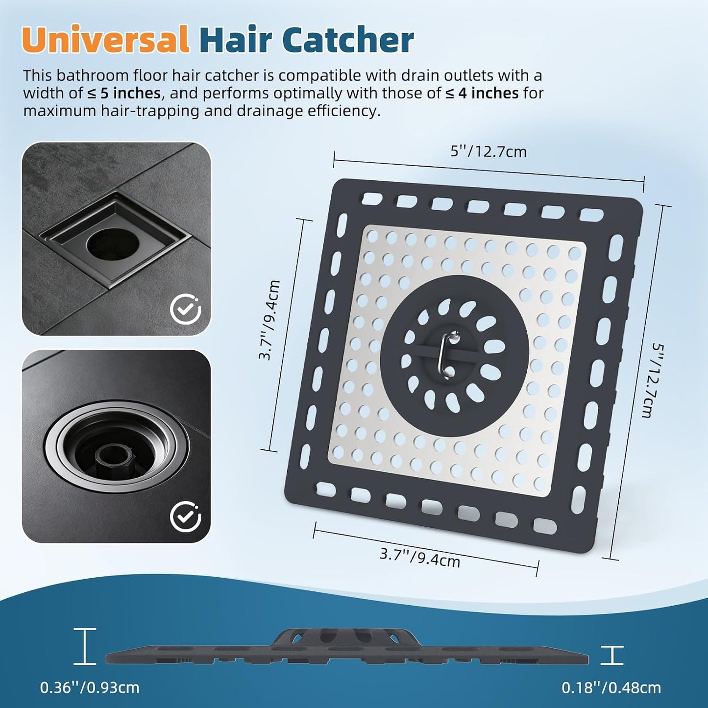 Hibbent Upgraded Shower Drain Hair Catcher for Bathroom Floor 4" Drain, Anti-Clogging Shower Drain Cover, Stainless Steel & Silicone Drain Strainer with Handle, Shower Drain Protector, Grey