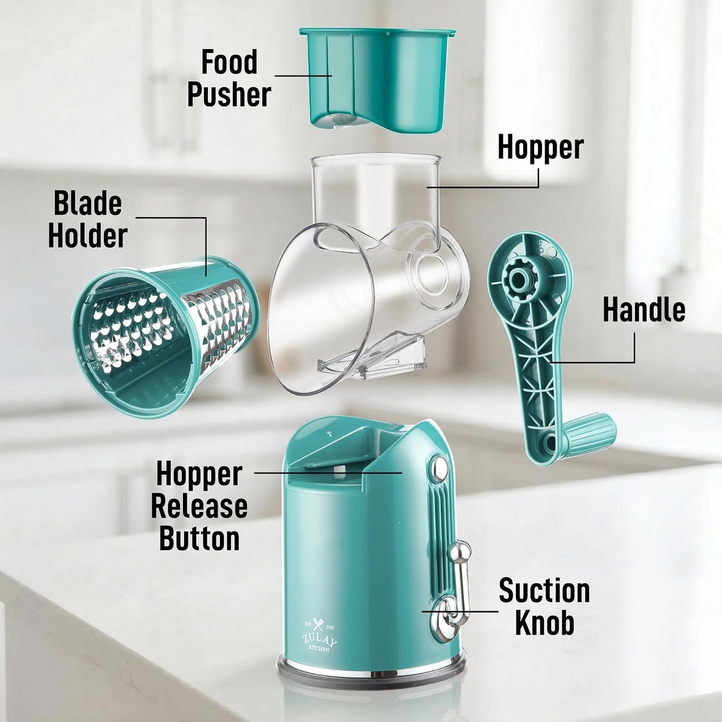 Zulay Kitchen Rotary Cheese Grater 5 Blade Cheese Shredder - Manual Hand Crank Cheese Grater With Reinforced Suction & 5 Interchangeable Drums - Easy to Use, Vegetable Chopper Round Mandoline Slicer - Colors B