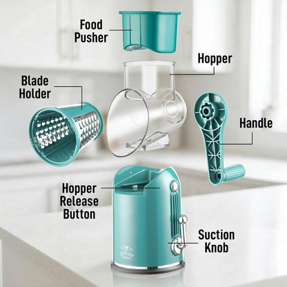 Zulay Kitchen Rotary Cheese Grater 5 Blade Cheese Shredder - Manual Hand Crank Cheese Grater With Reinforced Suction & 5 Interchangeable Drums - Easy to Use, Vegetable Chopper Round Mandoline Slicer - Colors B