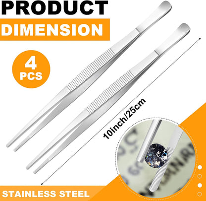 Yaomiao 4 Packs Bar Tweezers Long Garnish Tongs Bar Tweezers Stainless Steel Korean Bbq Tongs for Bartender Cocktail Cooking Food(Silver,8 Inch)