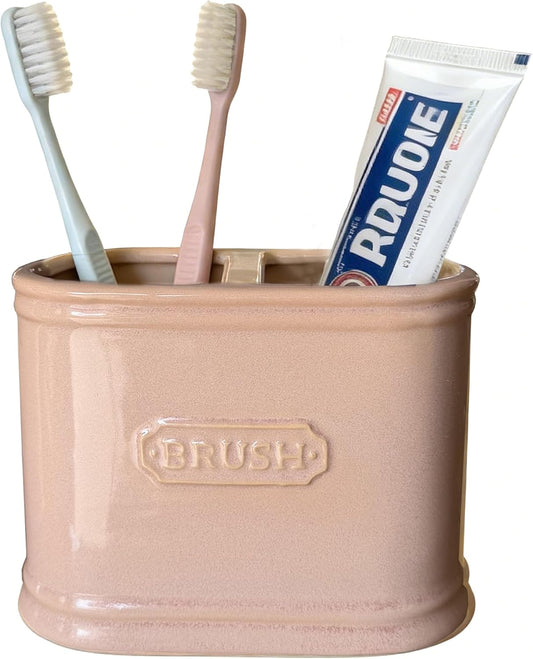 Dusty Pink Ceramic Toothbrush Holder，Bathroom countertop Organizer，Large Capacity
