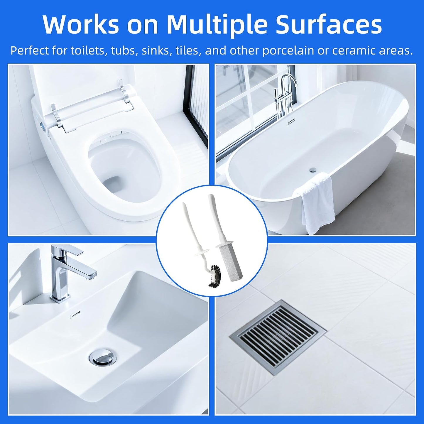 Toilet Brush and Holder Set with Pumice Stone Toilet Bowl Cleaner | Long-handle Scrubber with Ventilated Holder and Pumice Stone for Hard Water Stains, Limescale and Toilet Rings