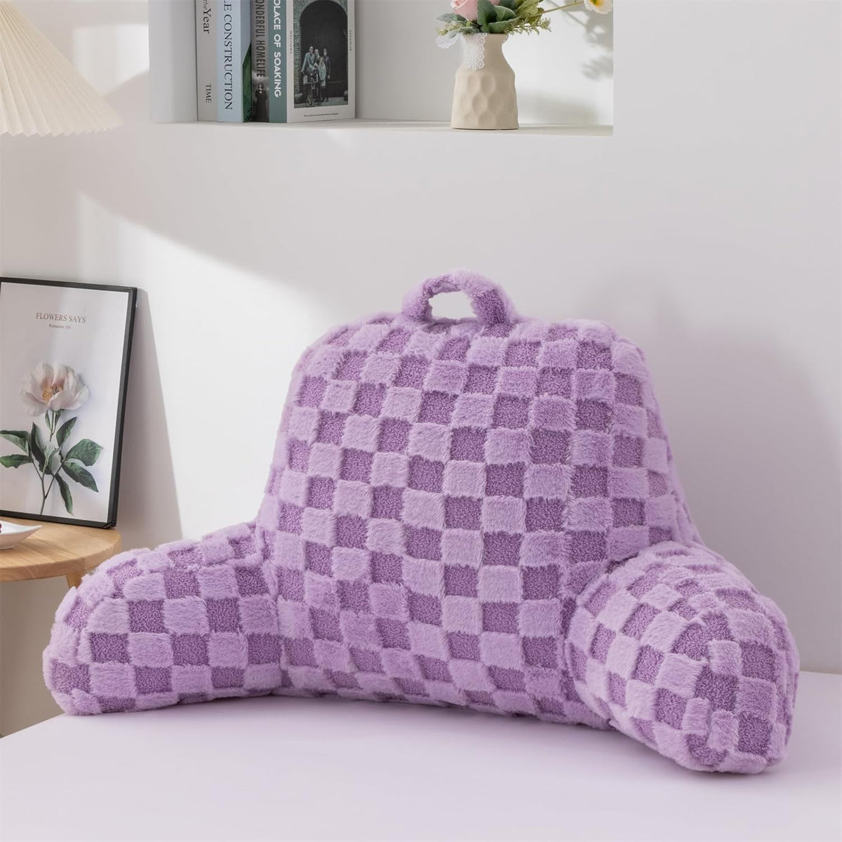 Aimuan Reading Pillow Checkered Bed Rest Wedge Backrest Checkerboard Pillow with Arms Back Support for Sitting Up in Bed Cushion Incline Rest Sleeping Snoring Pillow (Beige,Large)