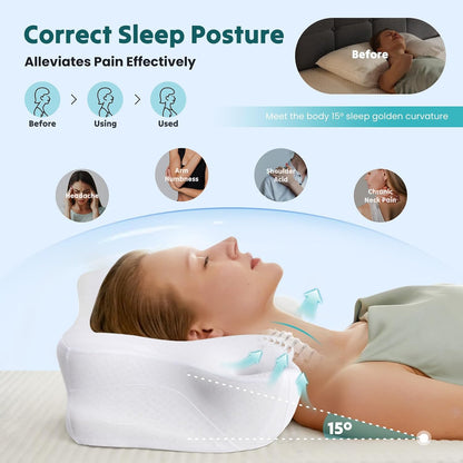 NEWBULIG Cervical Neck Pillow, Ergonomic Contour Memory Foam and Detachable Roll Pillow for Neck Pain Relief Side Back Stomach Sleepers with Cooling Breathable Cover