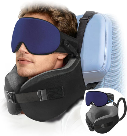 YFONG Travel Pillow with Head Support & Sleep Mask for Long Flights, Black | Patented 360° Support System, Prevents Bobbing, Airplane Head Strap, 3D Eye Mask, Memory Foam Neck Pillow, Travel Essential