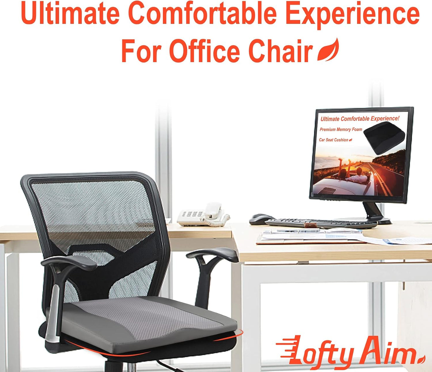 Lofty Aim Car Seat Cushion, Memory Foam Car Seat Cushions for Long Driving | Comfy Car Seat Pillow for Pain Relief, Driver Seat Cushion Adds Height, Butt Cushion for Car, Truck, Office Chair, Black