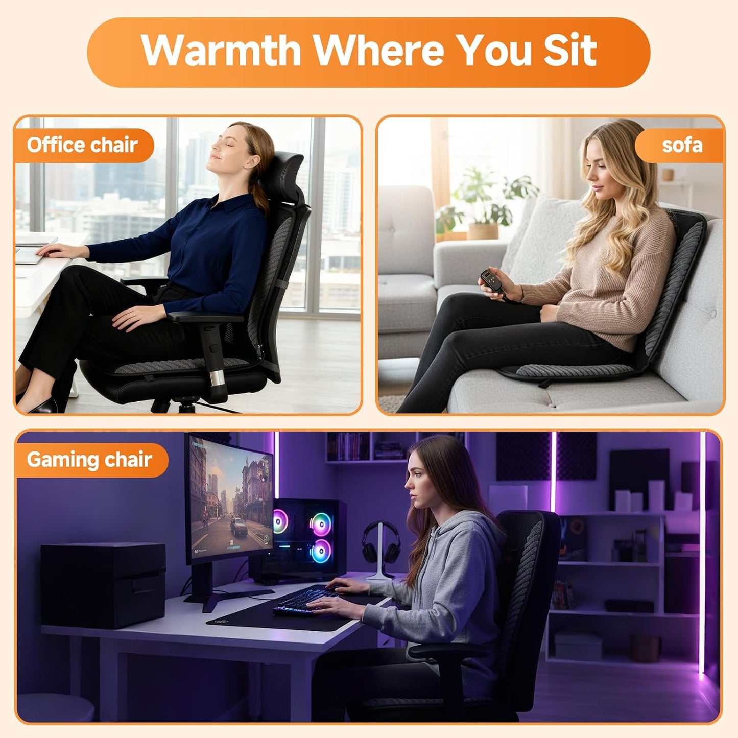Heated Seat Cushion for Office Chair Back and Seat Warmer Pad with 110V Adapter