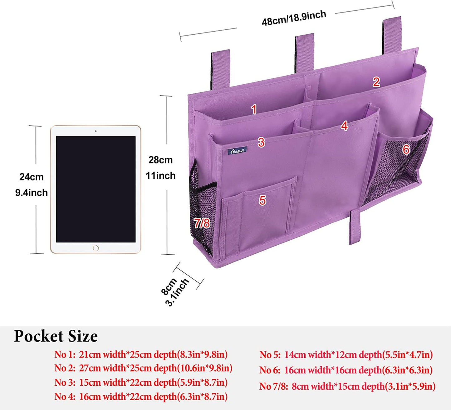 Surblue Bedside Caddy Hanging Organizer Storage Bag Pocket for Bunk, Hospital, College Dorm Rooms, Baby Bed Rails, Camp - 4 Pockets, 2 Hooks (Blue)