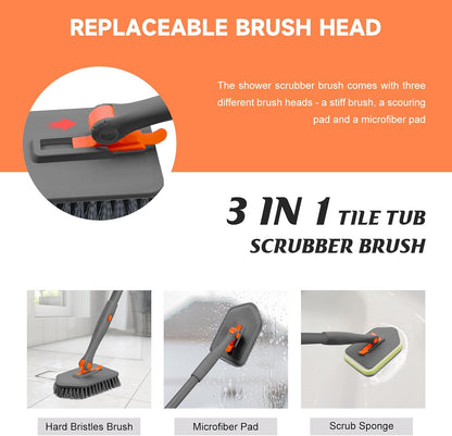 nacena Shower Scrubber with Long Handle, 4 in 1 Tile Tub Scrubber Brush with 3 Detachable Cleaning Heads and V-Shaped Grout Brush Shower Cleaner Brush for Bathroom Kitchen Toilet Tub Sink Wall, Black