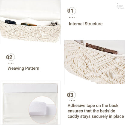 Mkono Macrame Bedside Caddy, Boho Bed Storage Organizer, 4 Pockets Ivory | Dorm Room Bed Caddy, Home Decor, Remote Control Magazine Glasses, Bedroom Living Room, Non-Slip, Space Saving Holder