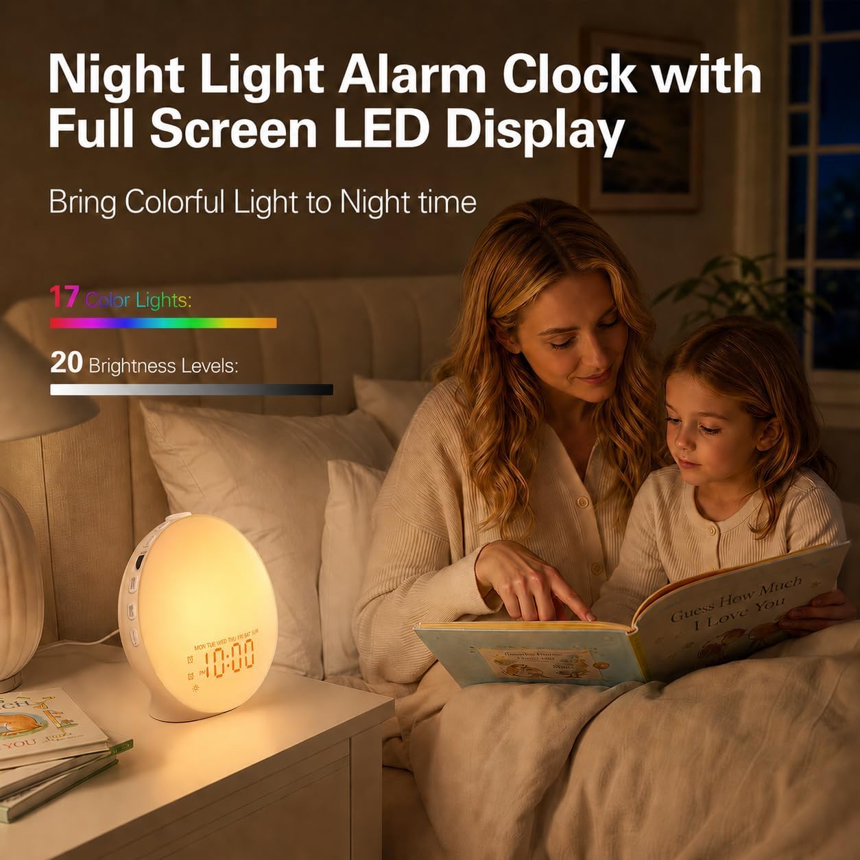 JALL Full Screen Dimmer Sunrise Alarm Clocks for Bedrooms, Wake Up Light with FM Radio, 25 White Noise Sleep Sounds, Bluetooth Speaker, Dual Alarms Bedside Clock for Heavy Sleepers