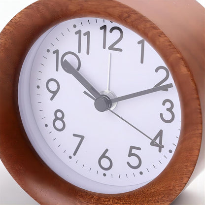 Round Wooden Alarm Clock Analog Non Ticking Night Light Snooze | Silent Arabic Numerals Battery Operated for Desktop Bedroom Bedside Brown