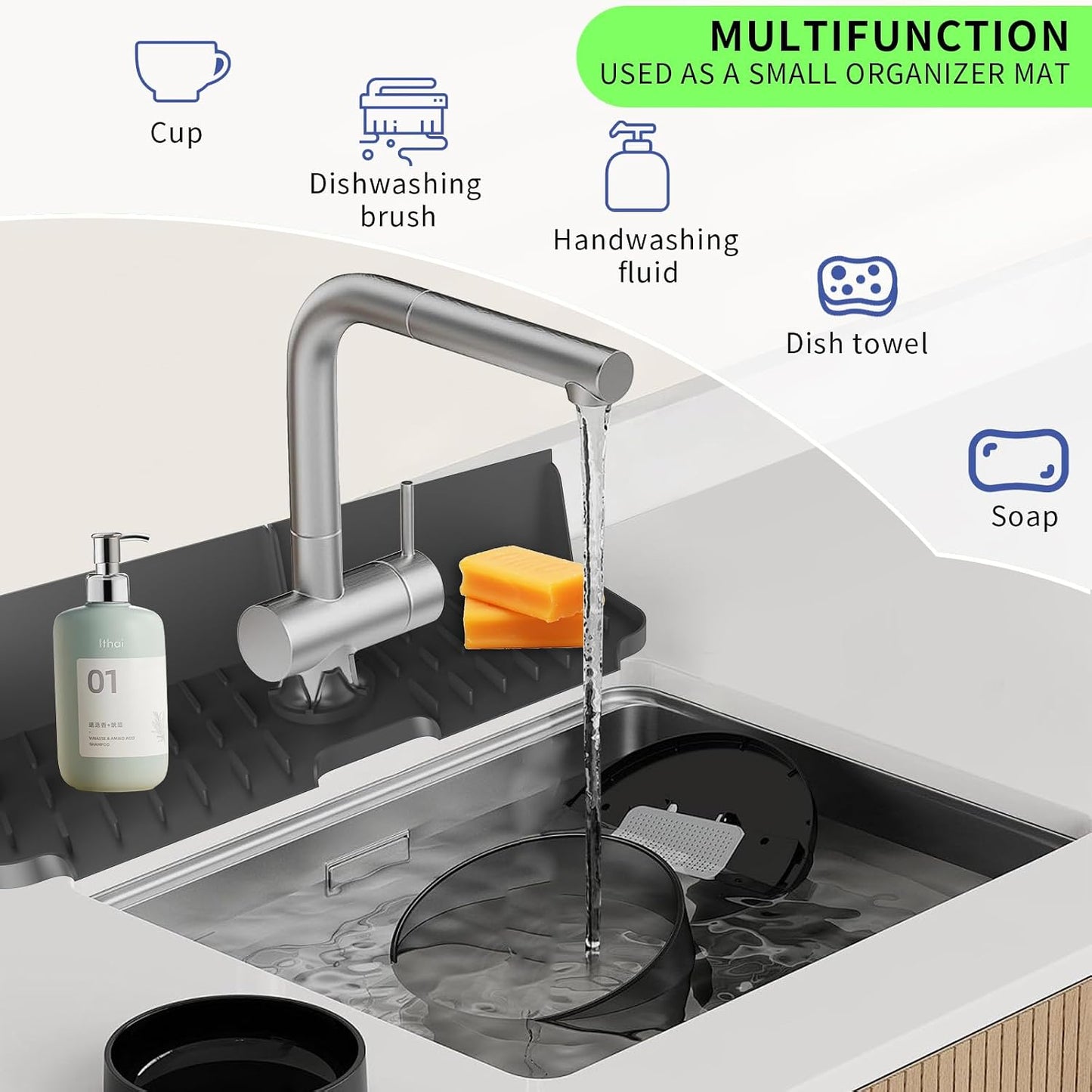 17” x 5.5” Silicone Faucet Handle Drip Catcher Tray Mat, Silicone Faucet Mat Dish Soap Sponge Holder for Kitchen Sink, Drying Mat for Kitchen Counter Bathroom Kitchen Sink Splash Guard - Black