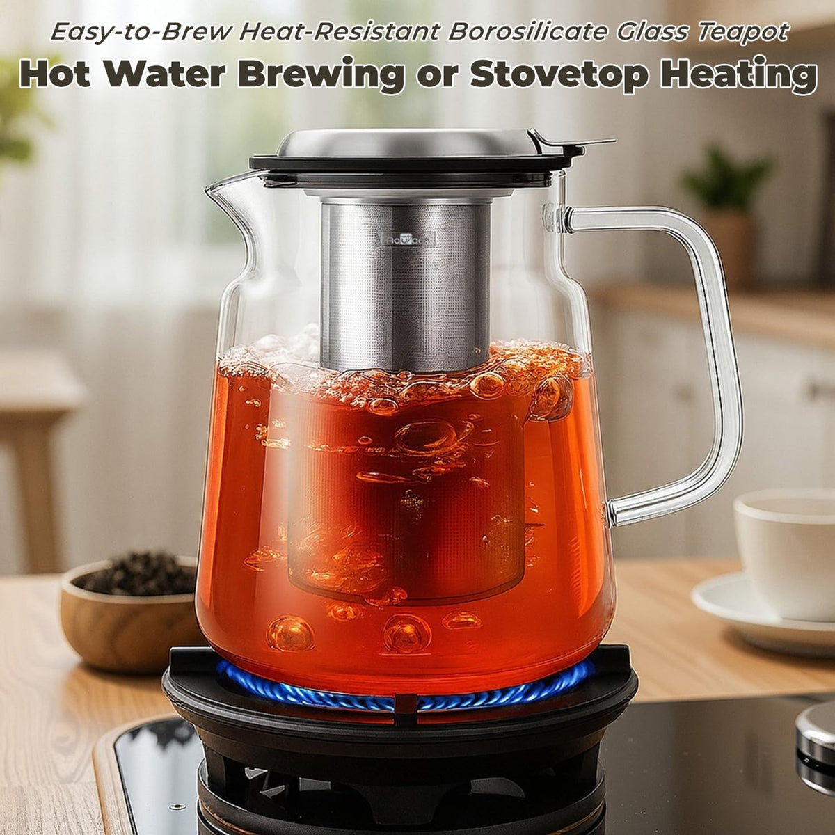 Aquach 51oz Glass Teapot with Infuser, Stovetop Safe Borosilicate Tea Pot
