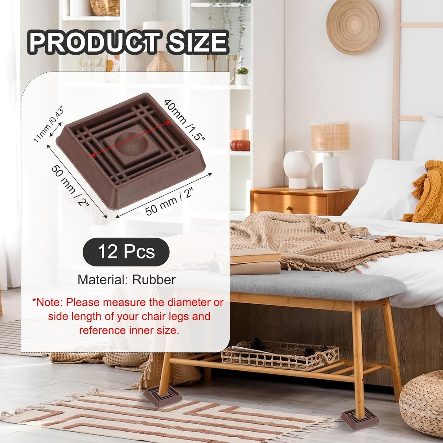 PATIKIL 1.5x1.5 Furniture Coasters, 12 Pcs Caster Cups Furniture Cups Rubber Non-Slip Square Feet Anti-Slip Stopper Pad Protector Sliding for Hardwood Floors Carpet Chair Table, Coffee