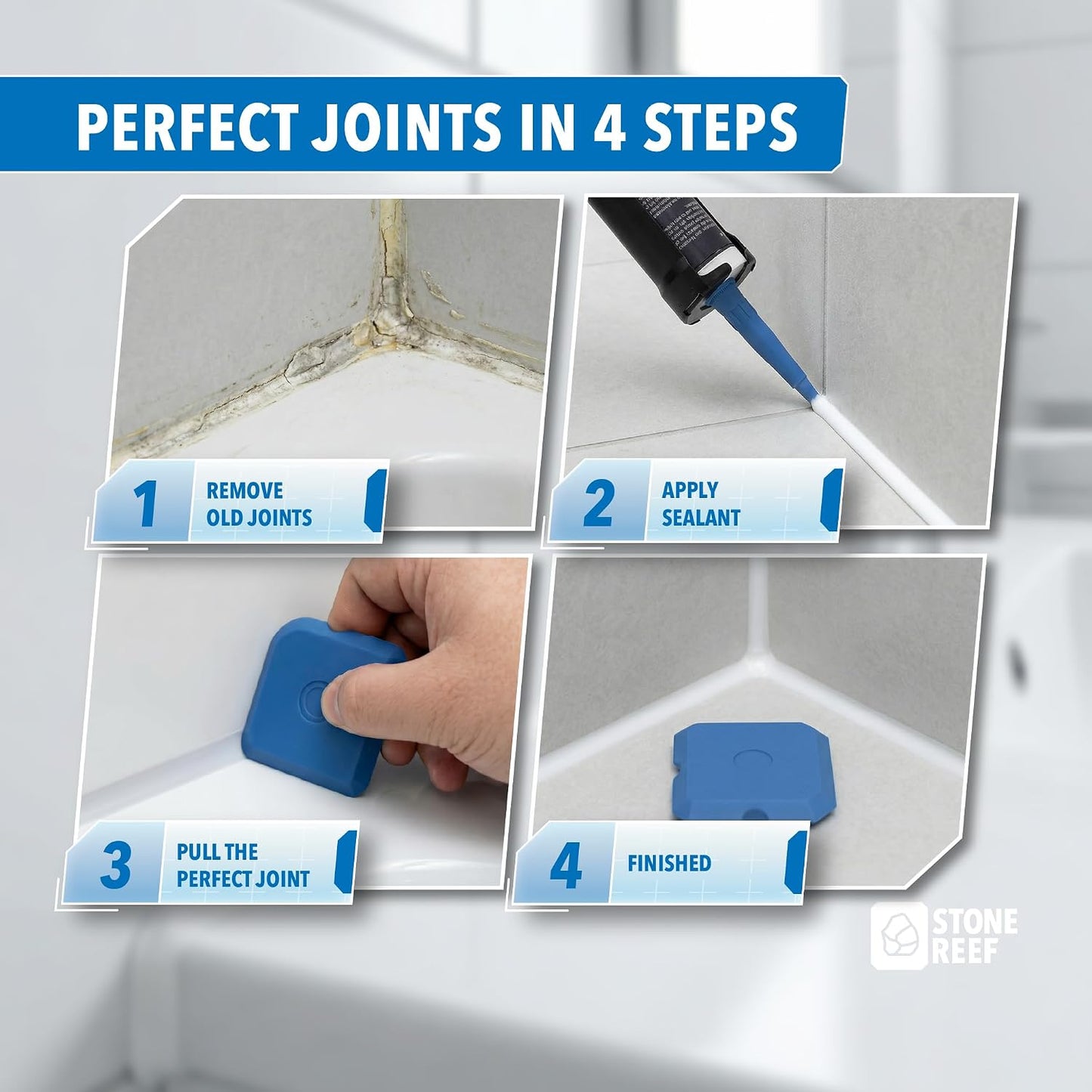 STONE REEF Silicone Caulking Tool Set – 5-in-1 Sealant Finishing Tool Kit | Caulk Remover, Grout Scraper & Applicator for Bathroom, Kitchen, Window, Sink, Tile & Joint | Professional Silicone Tools