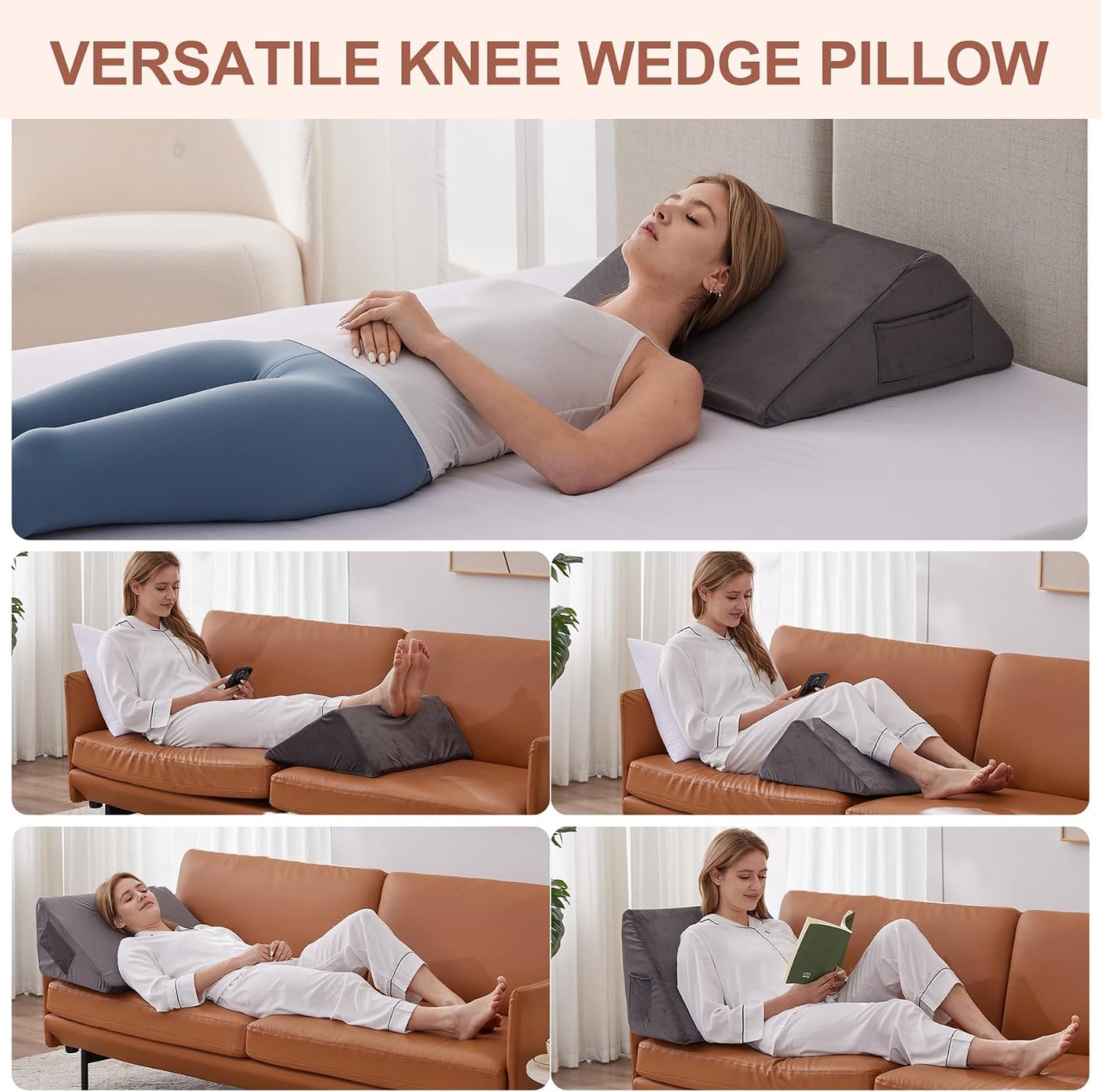 Bedluxe Knee Pillow for Back Sleeping, Leg Pillow Knee Wedge Pillow, Memory Foam Wedge Pillows for Legs Post Surgery, Triangle Pillow for Knee Support, Leg Elevation, Knees Hip Back Pain Relief, White