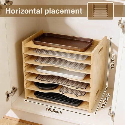 6 Tier Wooden Tray Dividers for Cabinets, Cookie Sheet Organizer 15.7" W x 16.5" H x 12.6" D Baking Sheets, Pans and Cutting Boards Organizer for Kitchen Cabinets or Countertop