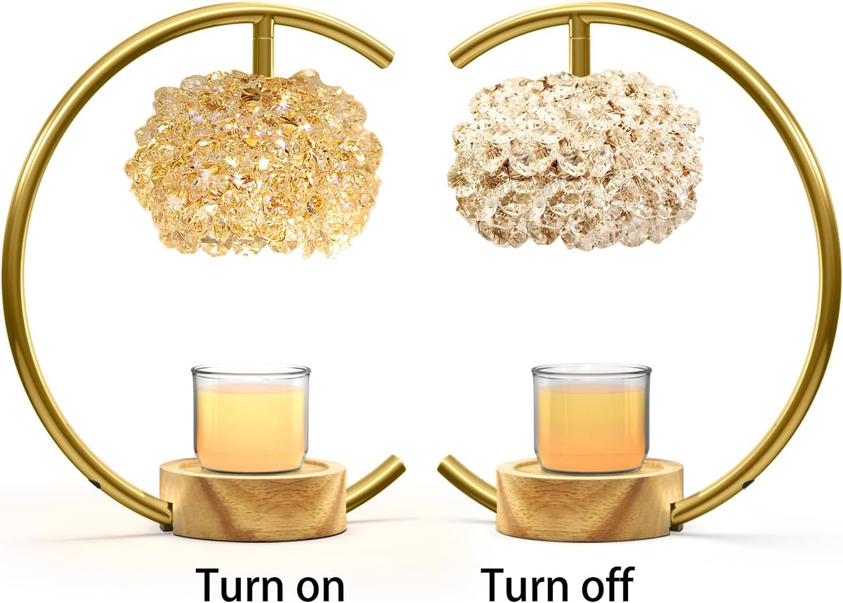 Yeuslor Gold Candle Warmer Lamp for Jar Candles with Adjustable Brightness＆Timer，Handcrafted Crystal＆Wooden Base, Luxurious Design,Home Decoration Electric Candle lamp(C-Shaped)