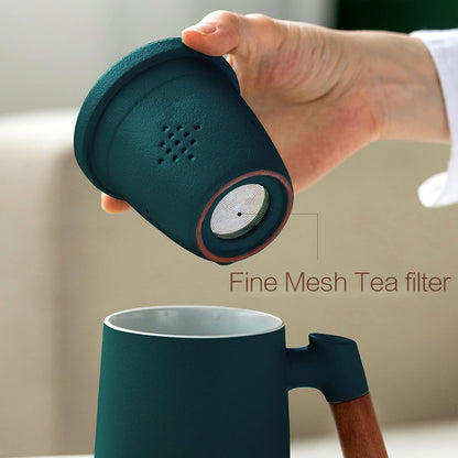 ZENS Tea Mug with Infuser and Lid for Loose Leaf Tea Steeper, 16.9oz Moss | Embossed Ceramic Tea Cup with Infuser for Herbal Tea Difussers, Tea Lovers Gifts, Nature Wood Handle