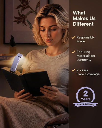 86lux Book Light, Rechargeable Clip-On LED Reading Light for Bed | 3 Color Temperatures with Stepless Dimming, Ultralight Bookmark Design for Book Lovers, Grey