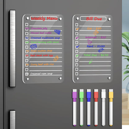 Acrylic Meal Planner Magnetic Menu Board for Kitchen Fridge, 13"x9" Clear Weekly Calendar Planning Board Noteboard Refrigerator Dry Erase Board to Do/Grocery/Shopping Lis Includes 6 Markers
