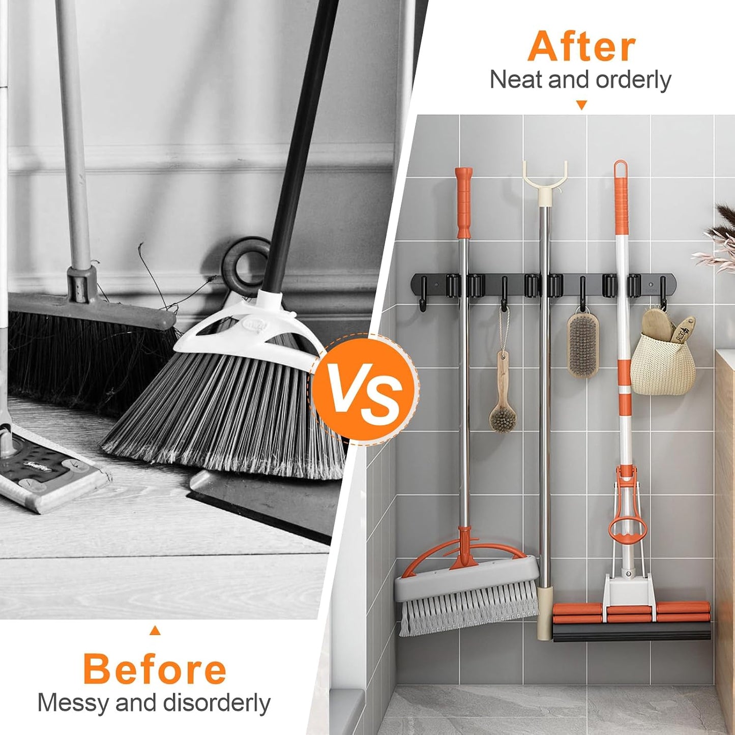 CUXIXA Mop and Broom Holder Wall Mount, Upgraded Broom Organizer Wall Mount, Stainless Steel Broom Hanger Wall Mount for Home Kitchen Garden Laundry Garage (3 Racks with 4 Hooks)