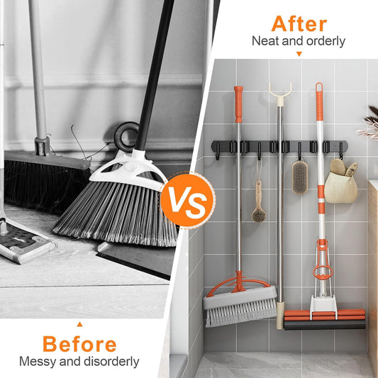 CUXIXA Mop and Broom Holder Wall Mount, Upgraded Broom Organizer Wall Mount, Stainless Steel Broom Hanger Wall Mount for Home Kitchen Garden Laundry Garage (3 Racks with 4 Hooks)