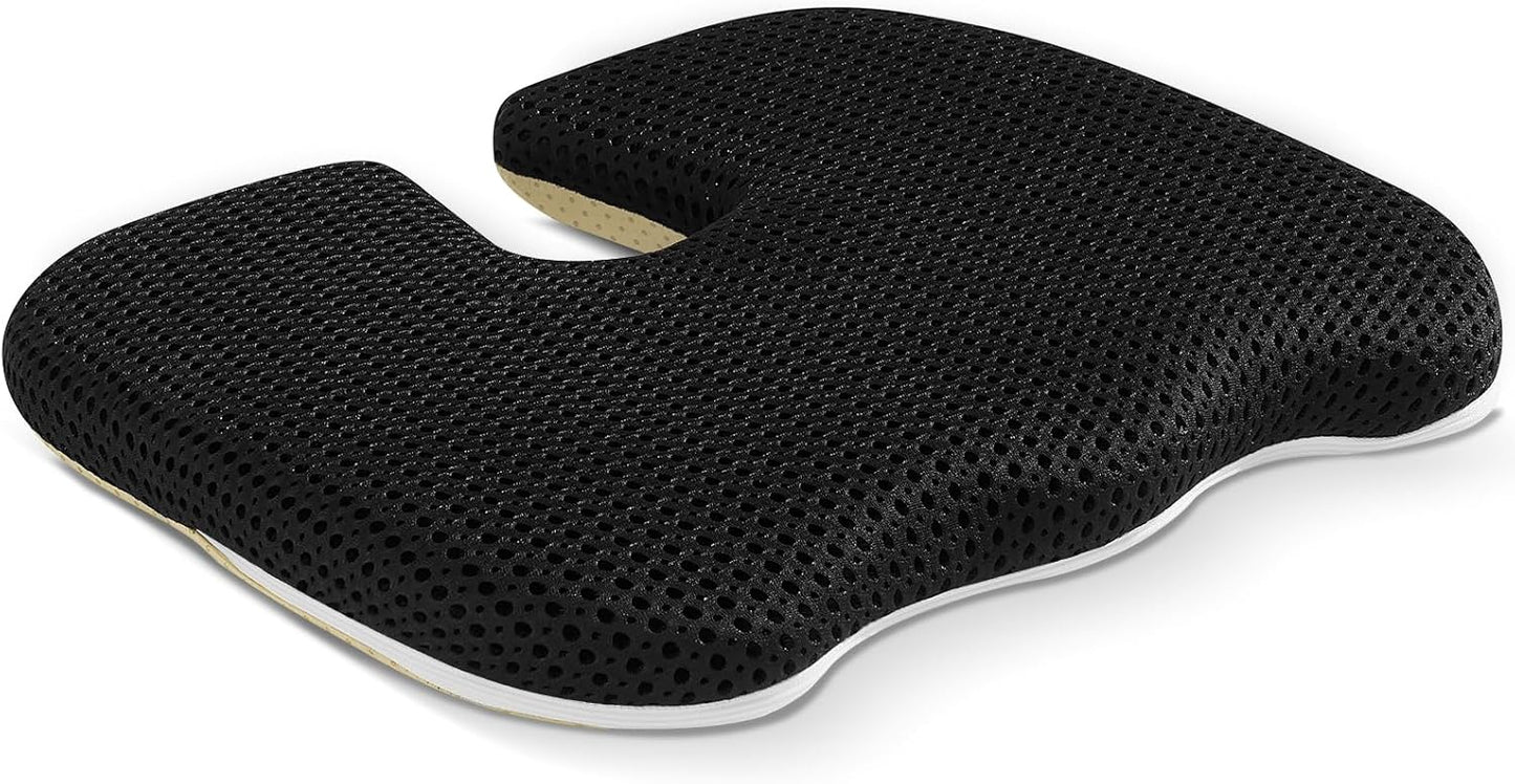 Gooo&Ma Air Fiber Seat Cushion, U-Shape Tailbone Comfort, Black | Thin design for office/car, breathable air fiber cooling, ergonomic, washable, non-slip, portable, 17.7"x13.8"x1.6"