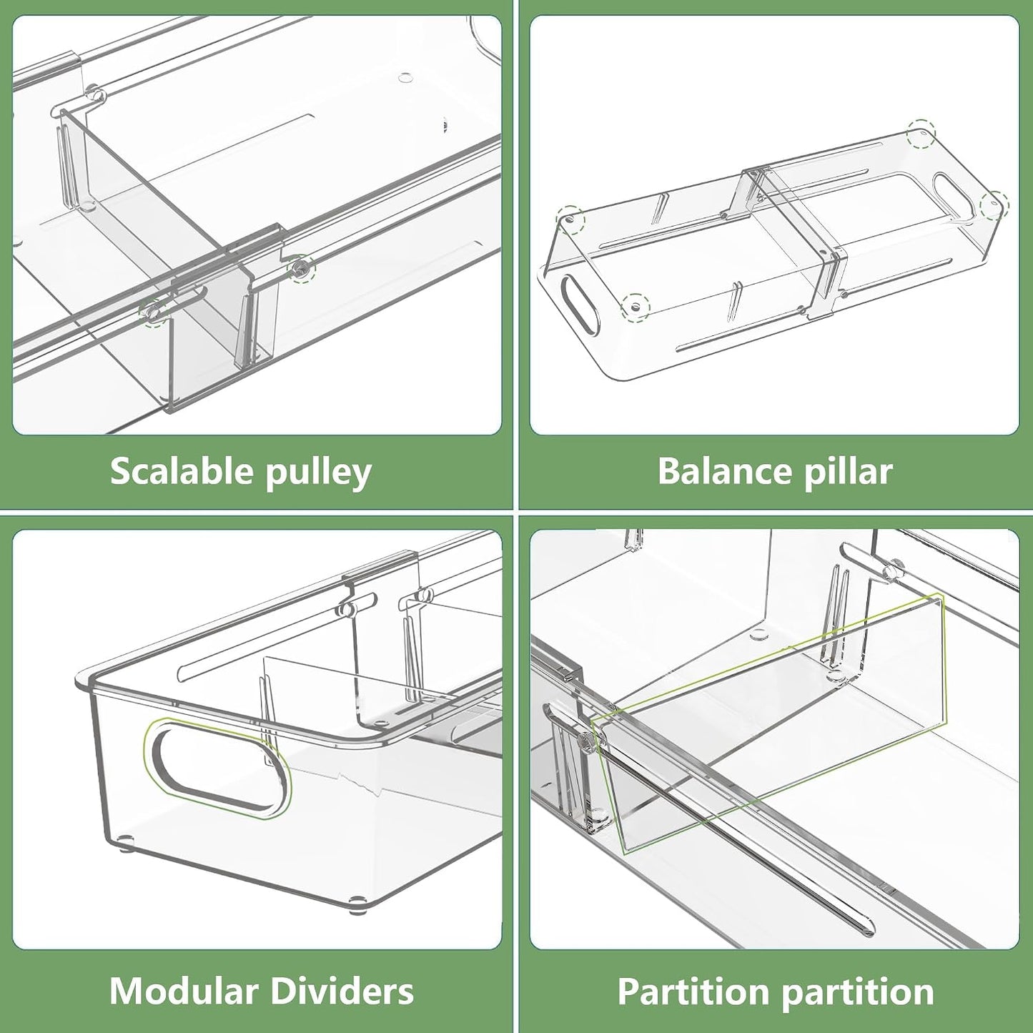 BLULEE 4-in-1 Expandable Drawer Organizer Set, Adjustable Clear Bins | with Dividers for Kitchen, Bathroom, Vanity & Office, Scalable Trays for Cosmetics, Utensils & Desk Accessories (4 Pcs)