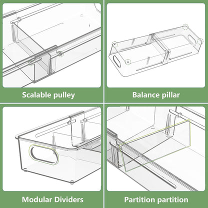 BLULEE 4-in-1 Expandable Drawer Organizer Set, Adjustable Clear Bins | with Dividers for Kitchen, Bathroom, Vanity & Office, Scalable Trays for Cosmetics, Utensils & Desk Accessories (4 Pcs)