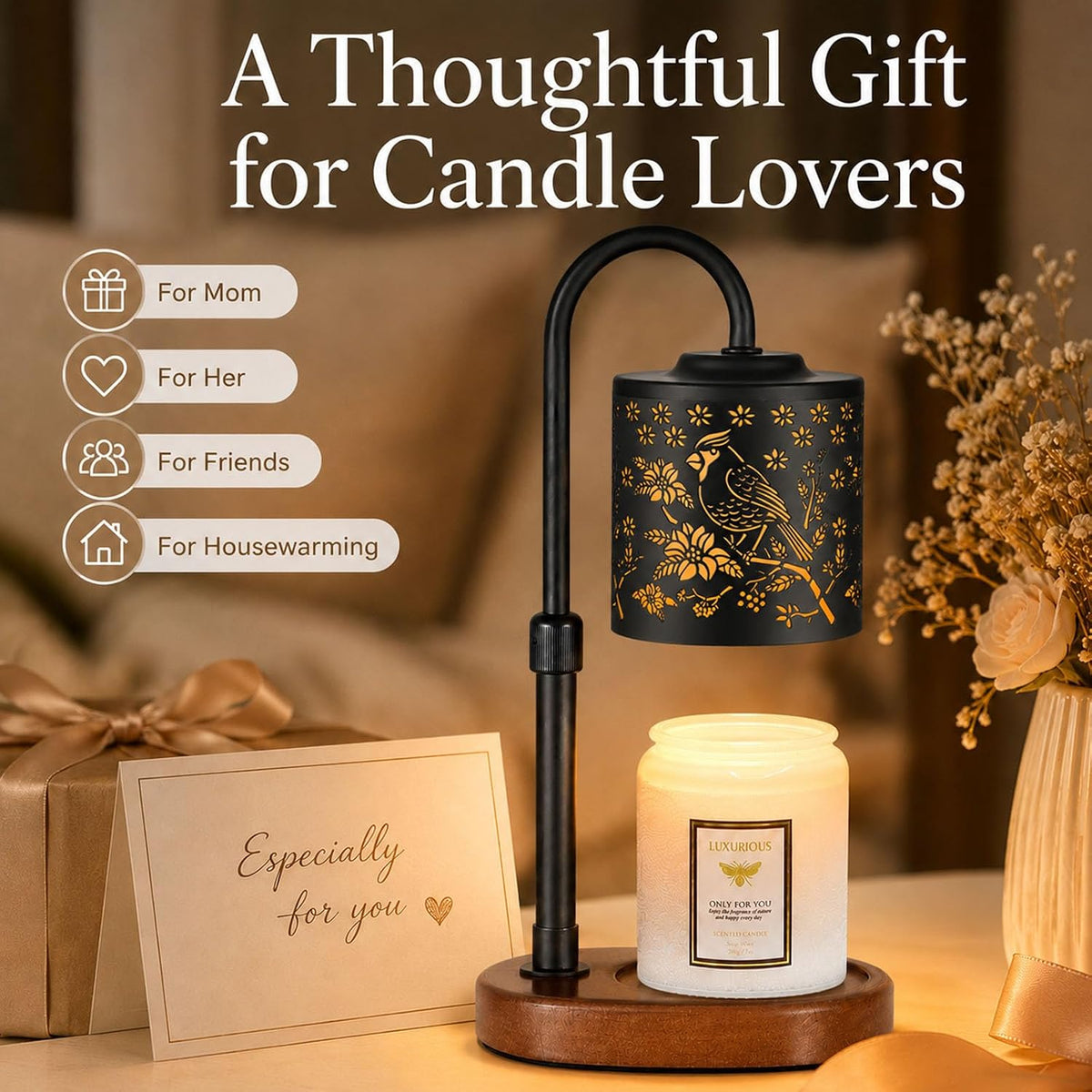 Dimmable Candle Warmer Lamp with Timer Adjustable Height for Scented Jar Candles Electric Candle Wax Melt Warmer for Home Decor Christmas Birthday Gifts for Women Mom(Hummingbird)
