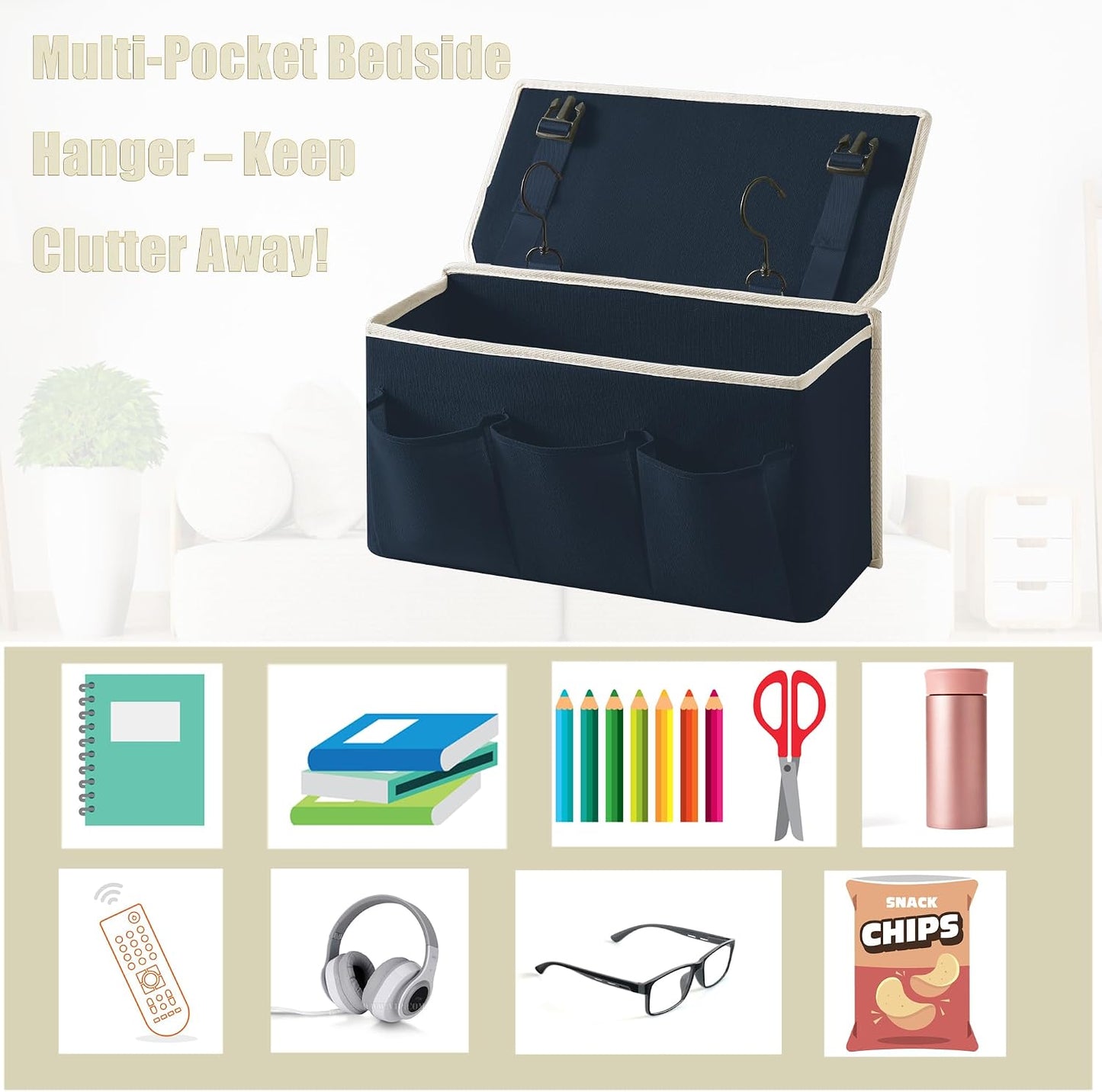 Bedside Caddy/Bedside Storage Organizer Hanging Bag with Three Options,Suitable for home beds, sofas, and dormitory beds—can hold magazines, books, phones, iPads, remote controls. (Gray)