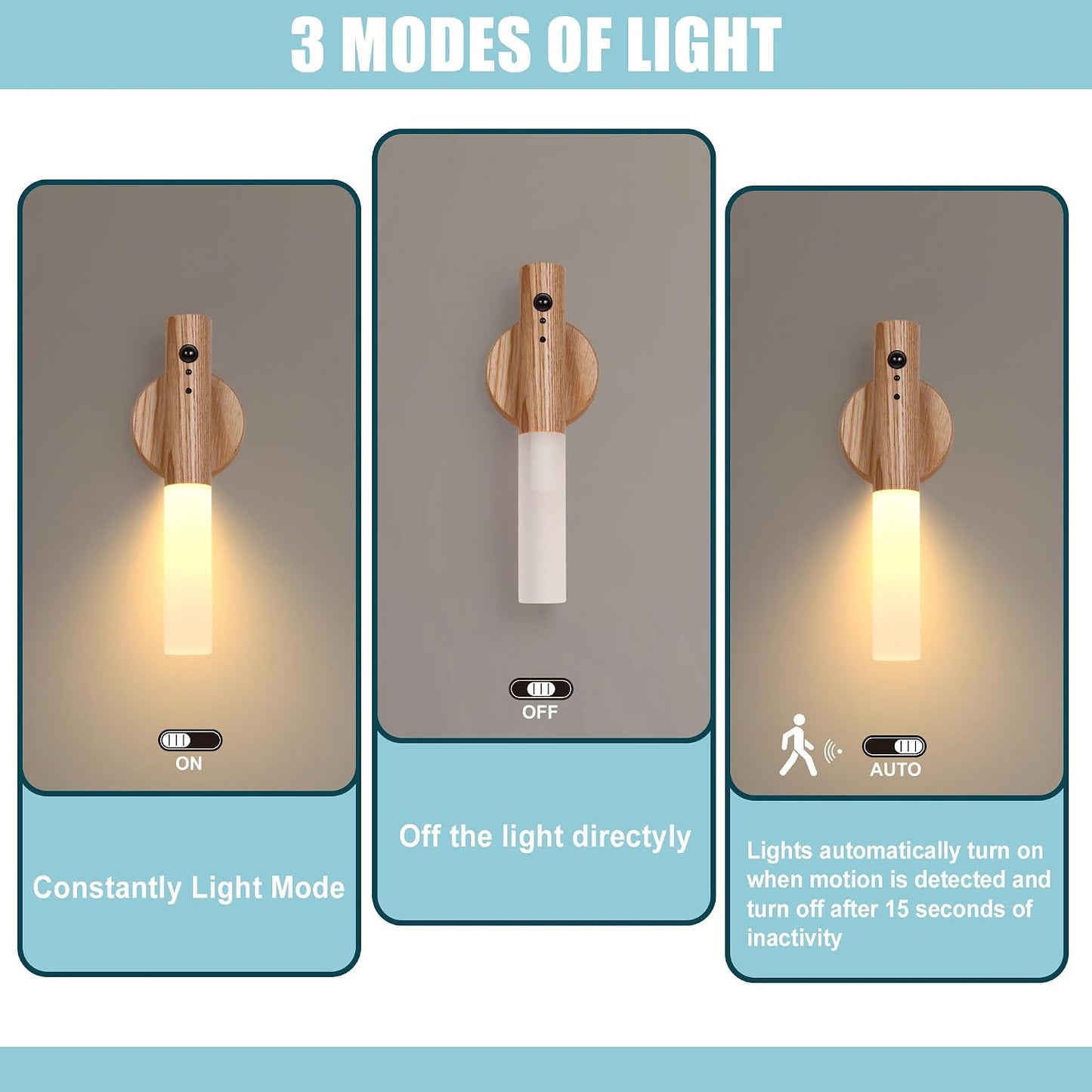 LANDGOO LED Magnetic Wall Sconces Lights Automatic Motion Sensor Wireless Wall Mounted Lamp Rechargeable Battery Operated Indoor 360° Rotation for Bedroom Living Room (Black Walnut Wood 1PC)