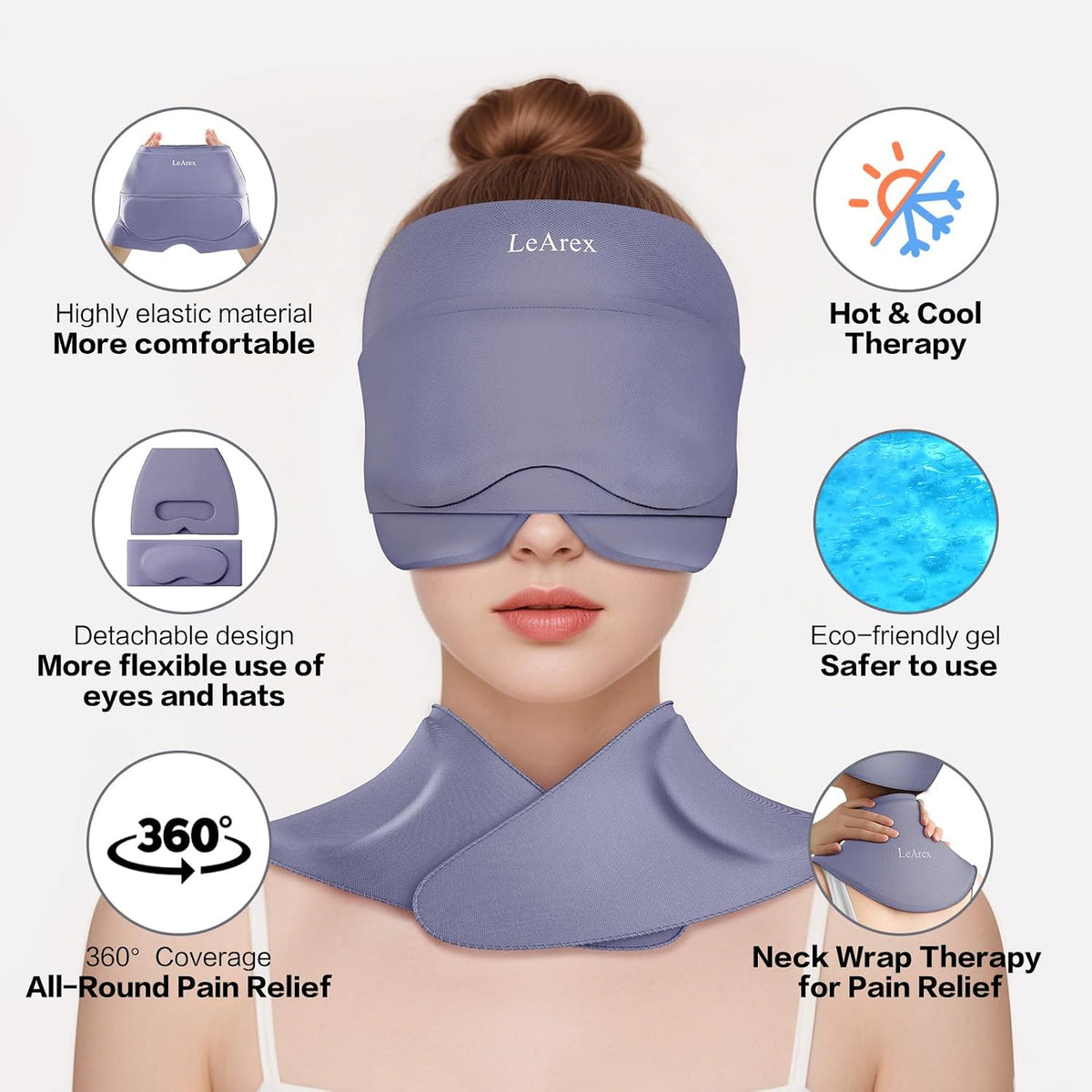 3 in 1 Migraine Relief Cap Neck Ice Pack Wrap Gel and Ice Eye Masks, Detachable Ice Caps with Eyes Masks, Hot and Cold Therapy for Relief of Headaches, Stiff Neck and Eye Fatigue (Purple)