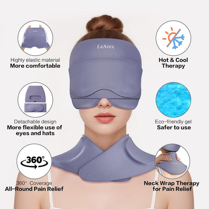 3 in 1 Migraine Relief Cap Neck Ice Pack Wrap Gel and Ice Eye Masks, Detachable Ice Caps with Eyes Masks, Hot and Cold Therapy for Relief of Headaches, Stiff Neck and Eye Fatigue (Purple)