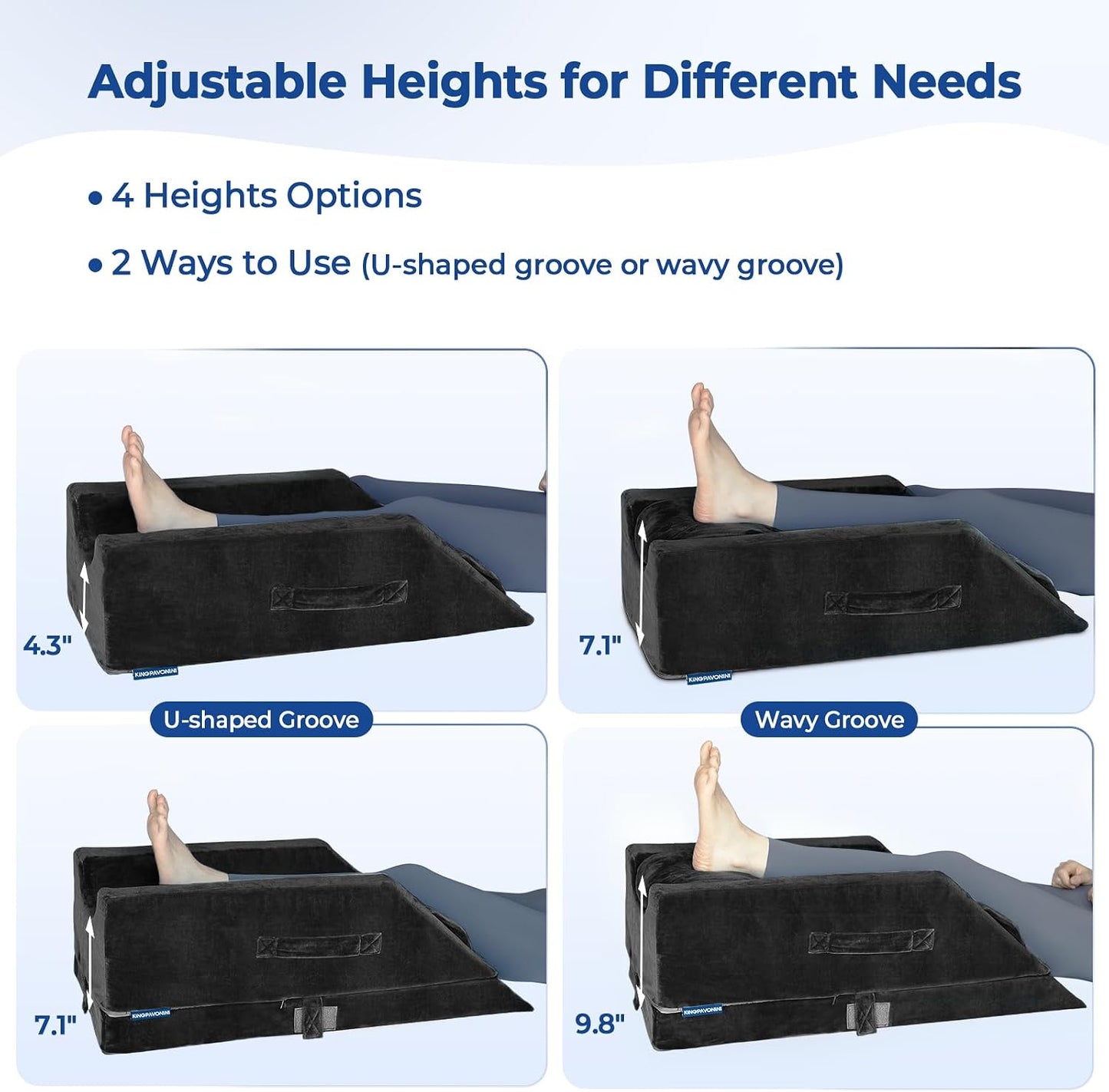 KingPavonini 4-Height Adjustable Leg Elevation Pillows for After Surgery | Soft Yet Supportive Memory Foam, Fits Various Heights, Relieve Pain & Swelling, 4 Handles & Insert Pad, Washable Velvet Cover